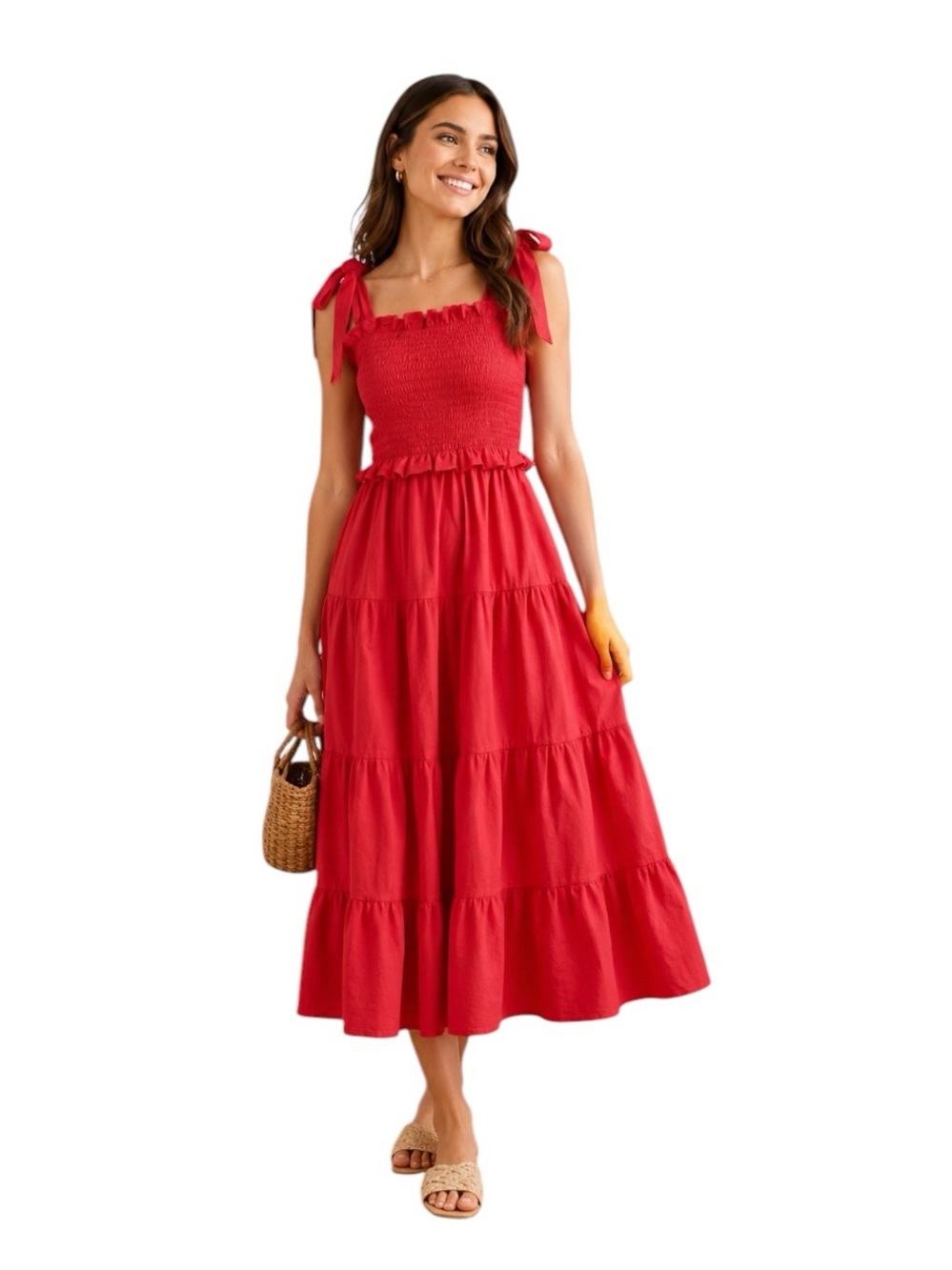 Tuckernuck - Alannah Smocked Midi Dress Poppy Pink Bow Tie Straps Sz XS